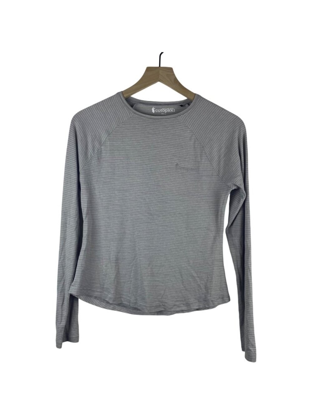 Cotopaxi Quito Long Sleeve Gray Striped Shirt Small Graphic Back Lightweight
